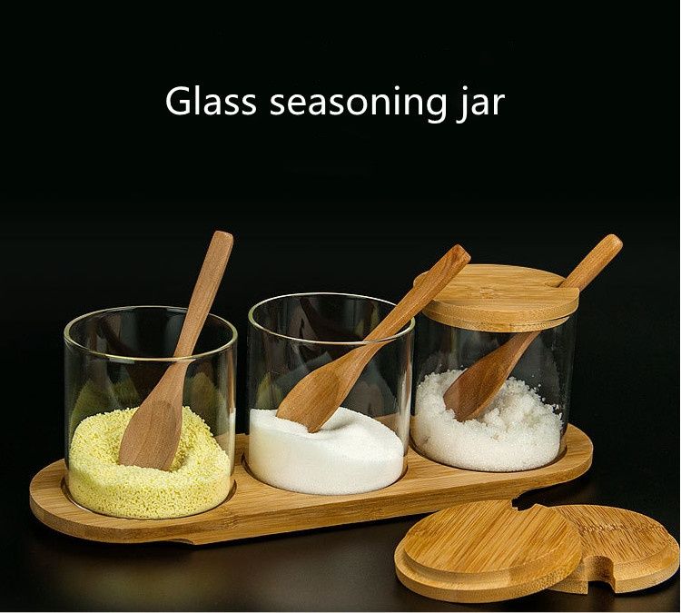 Glass bamboo lid seasoning jar set