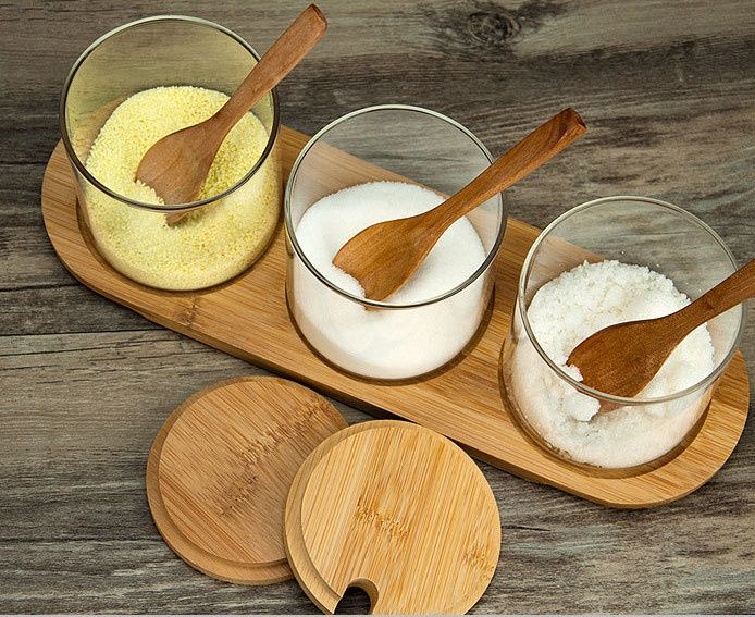 Glass bamboo lid seasoning jar set