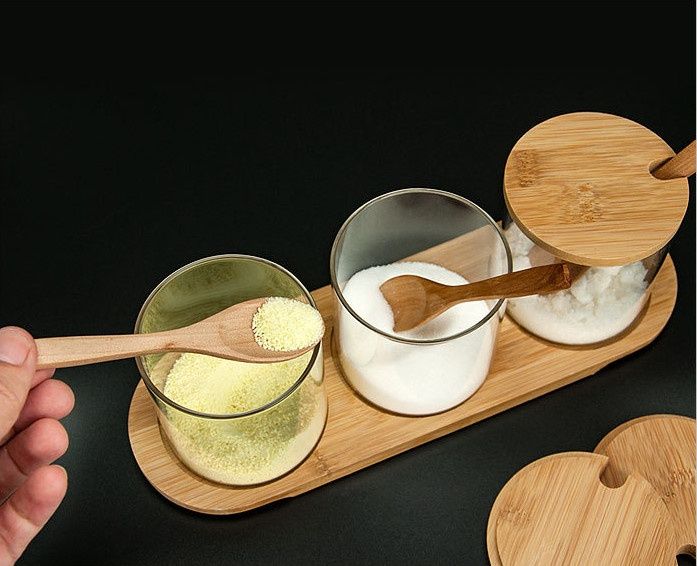 Glass bamboo lid seasoning jar set